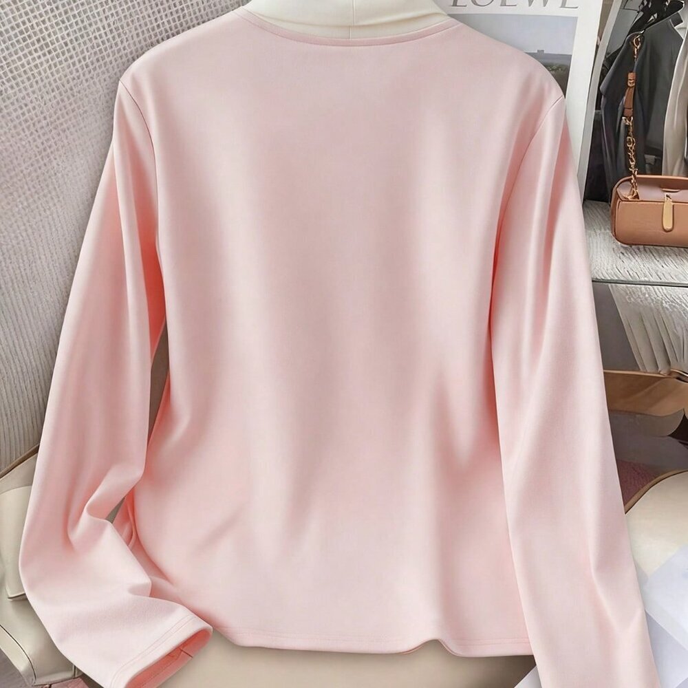 Pink Elegant Women's Color Blocking Knitted Long-Sleeved T-Shirt - Picture 2 of 5